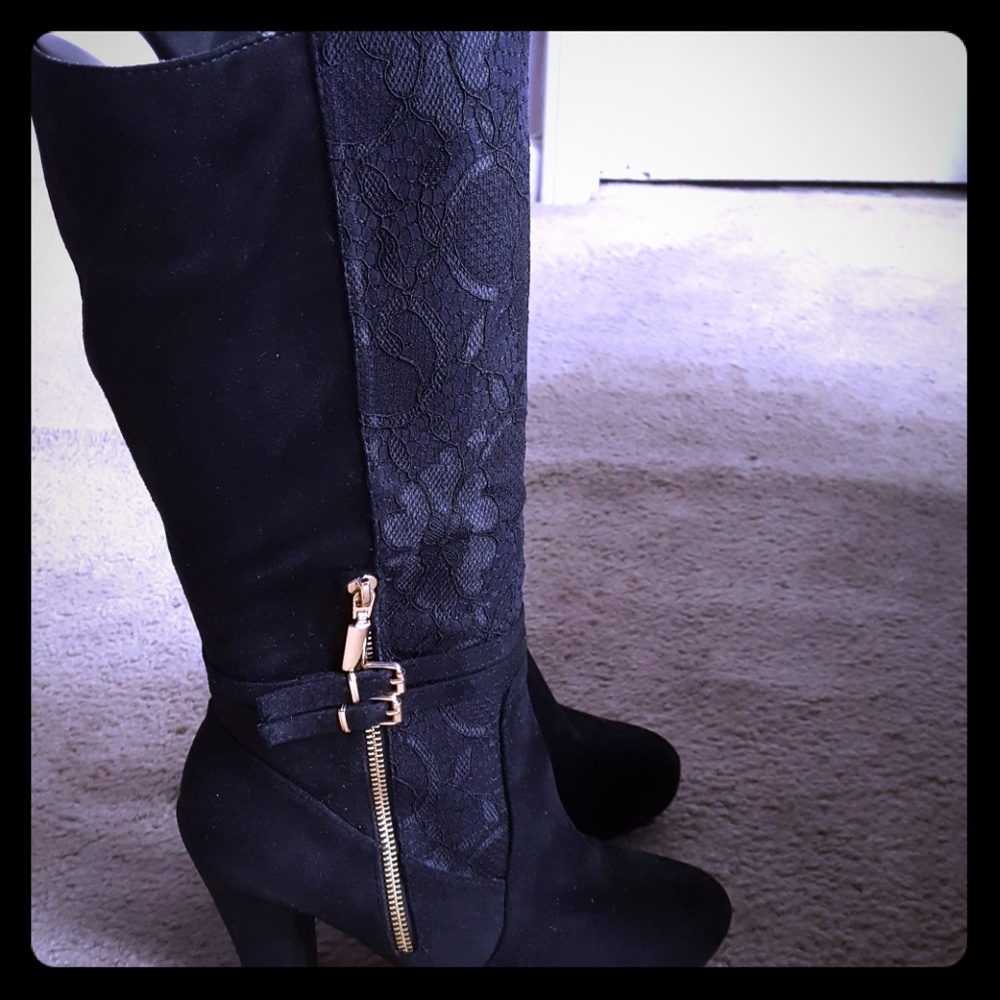 Black Italian Boots Real Suade and Lace